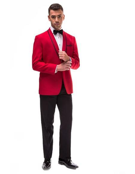 Men's Red and Black Trimmed Shawl Lapel Suit