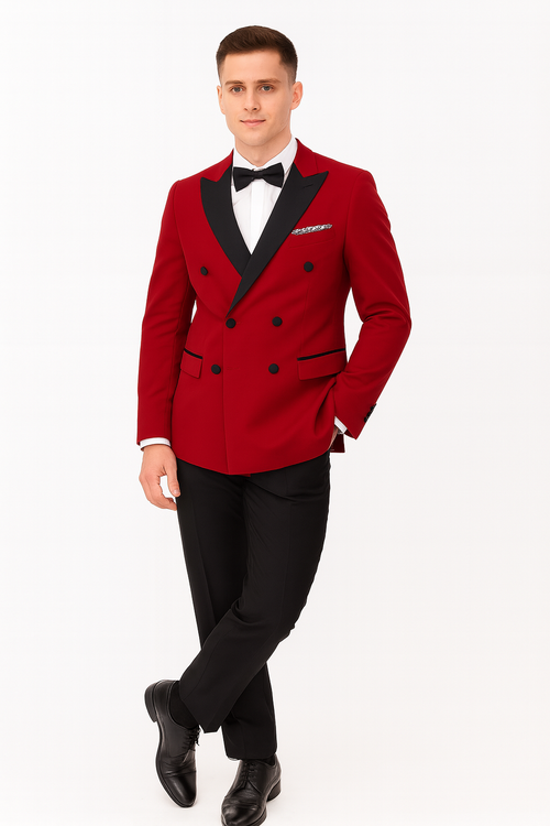 Double Breasted Tuxedo - Velvet Dinner Jacket with Pants in Color Red
