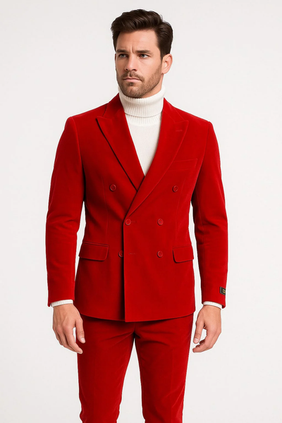 Mens Slim Fit Red Velvet Double Breasted Suits with Peak Lapel Formal Tuxedo Style - New Arrival