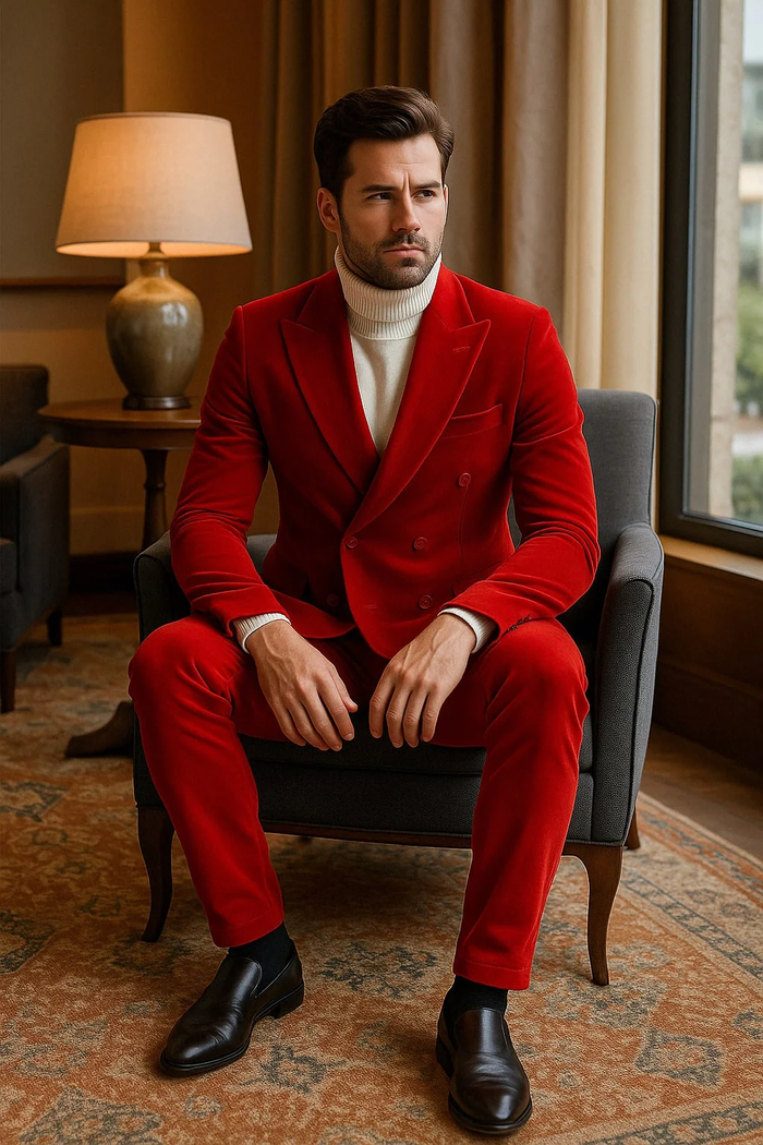 Mens Slim Fit Red Velvet Double Breasted Suits with Peak Lapel Formal Tuxedo Style - New Arrival