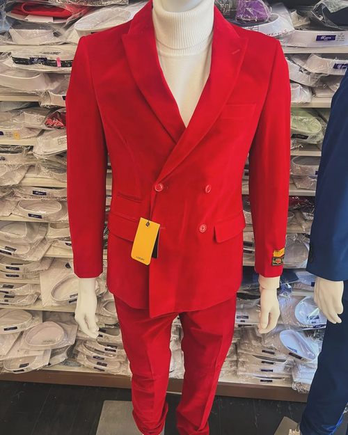 Mens Slim Fit Red Velvet Double Breasted Suits with Peak Lapel Formal Tuxedo Style - New Arrival