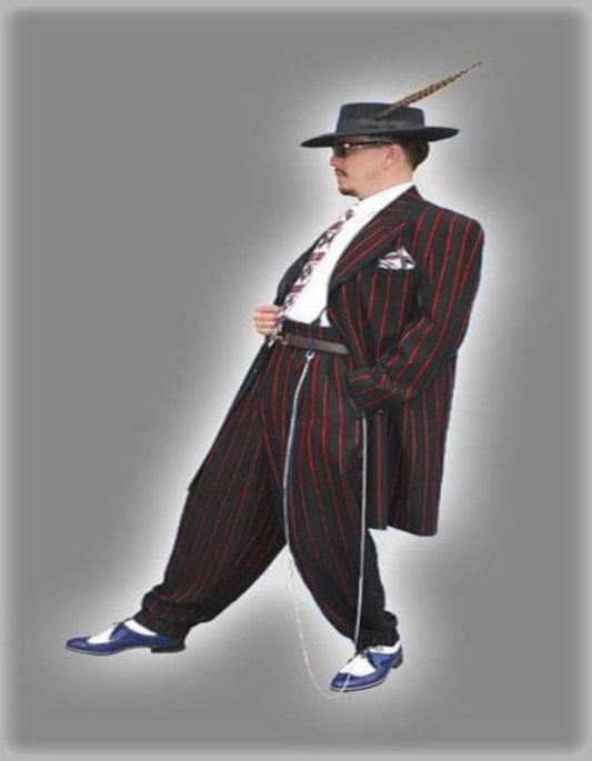 Mens High Fashion Vested Black and Red Pinstripe Zoot Suit For Sale ~ Pachuco Mens Suit Perfect for Wedding