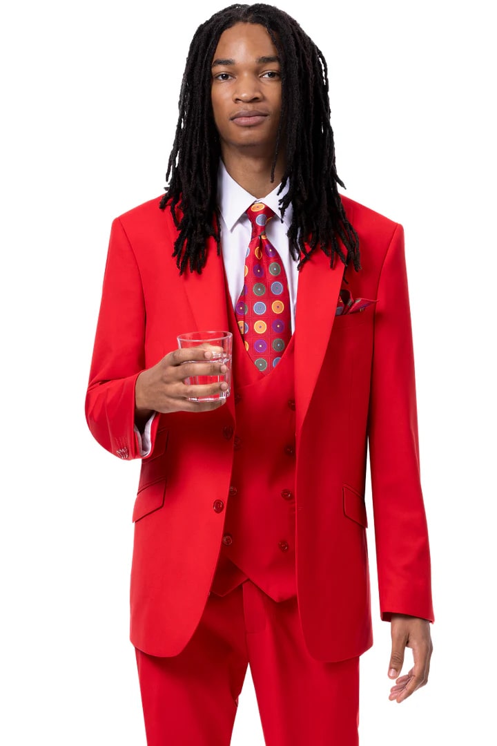 Cheap Suit - Mens Vested Peak Lapel Prom & Wedding  Red Suit With Double Breasted Vest