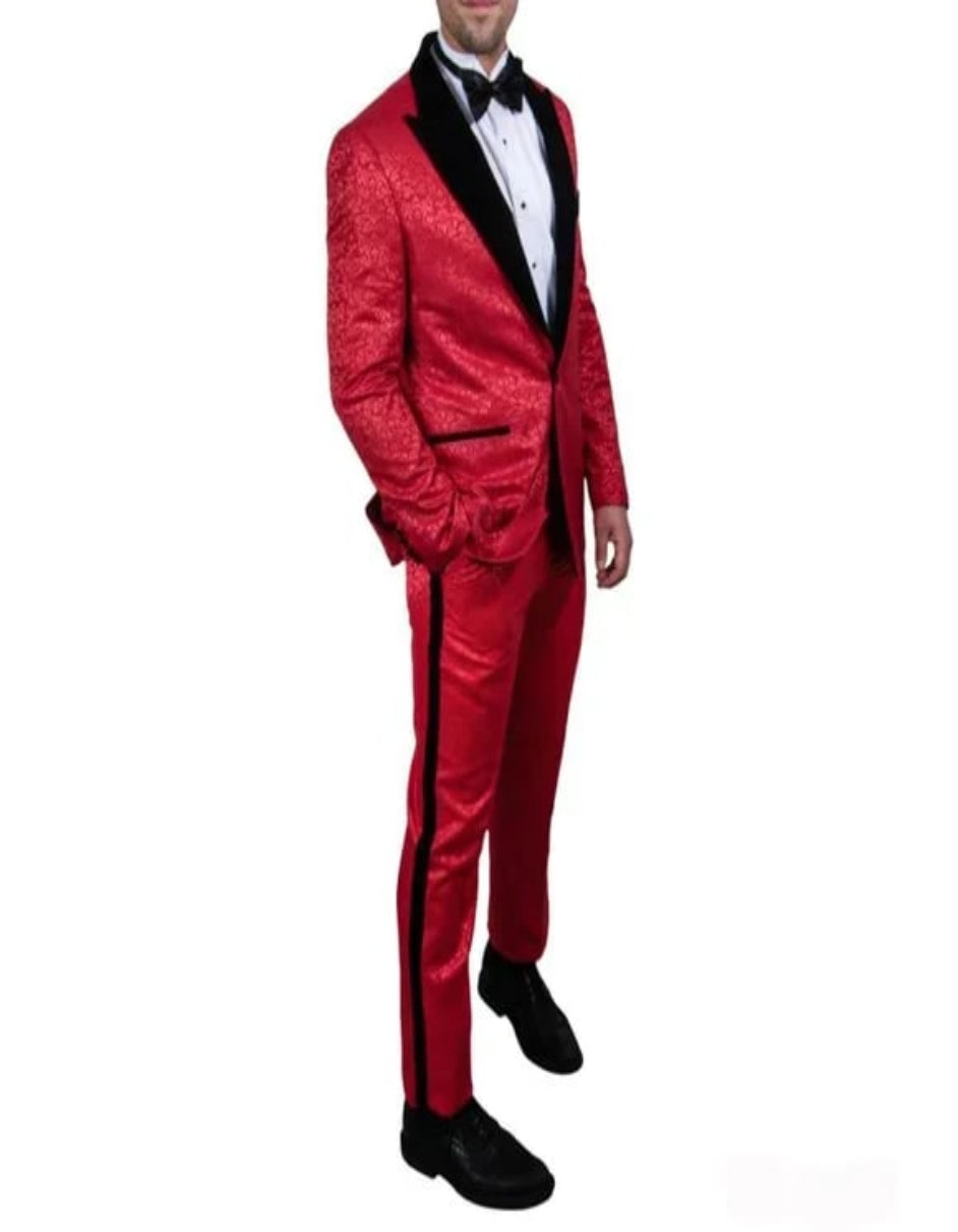 Exclusive Stacy Adams Velvet Paisley 2-PC Tuxedo Suit, Red and Black - 38 Short Jacket+32 Waist Adjustable 28to34)(Height: 5 4 to5 7 )(Neck  15-16.5)S-M)