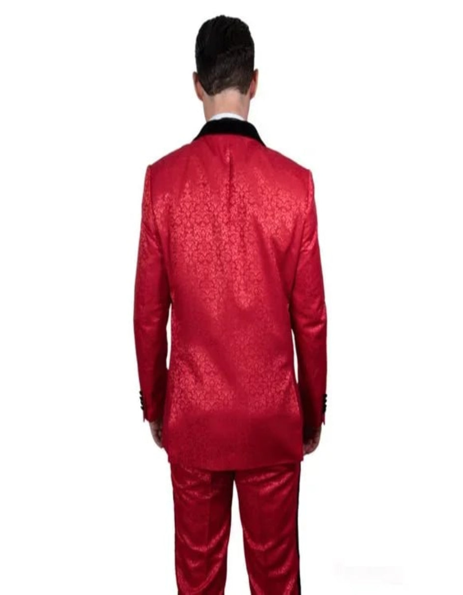 Exclusive Stacy Adams Velvet Paisley 2-PC Tuxedo Suit, Red and Black - 38 Short Jacket+32 Waist Adjustable 28to34)(Height: 5 4 to5 7 )(Neck  15-16.5)S-M)