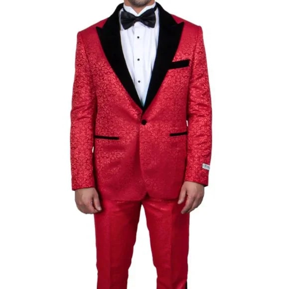 Exclusive Stacy Adams Velvet Paisley 2-PC Tuxedo Suit, Red and Black