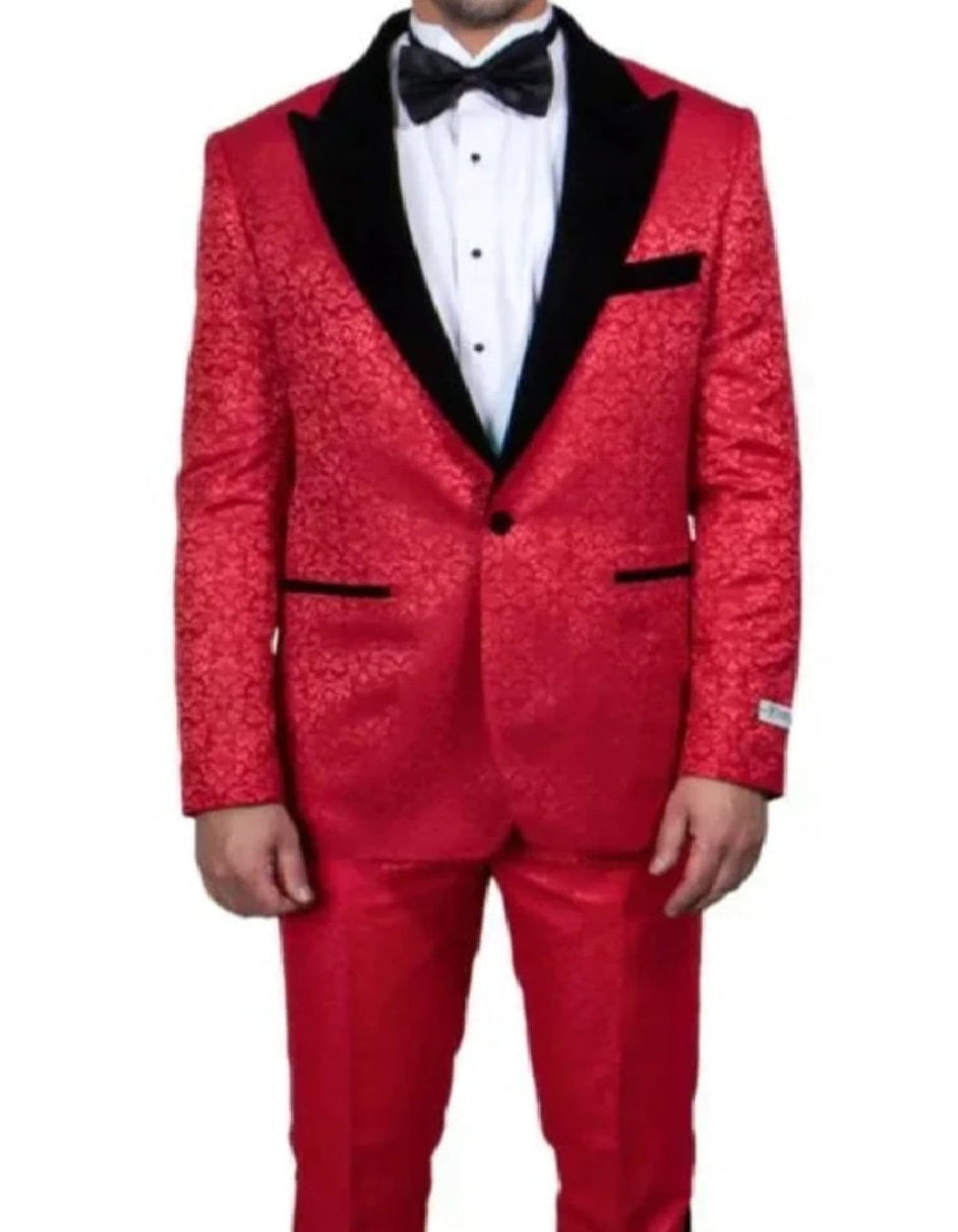 Exclusive Stacy Adams Velvet Paisley 2-PC Tuxedo Suit, Red and Black - 38 Short Jacket+32 Waist Adjustable 28to34)(Height: 5 4 to5 7 )(Neck  15-16.5)S-M)