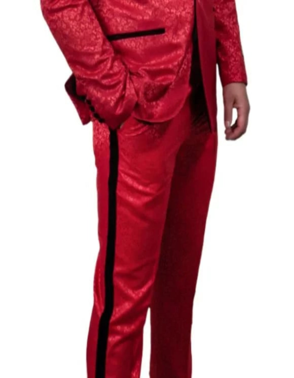Exclusive Stacy Adams Velvet Paisley 2-PC Tuxedo Suit, Red and Black - 38 Short Jacket+32 Waist Adjustable 28to34)(Height: 5 4 to5 7 )(Neck  15-16.5)S-M)