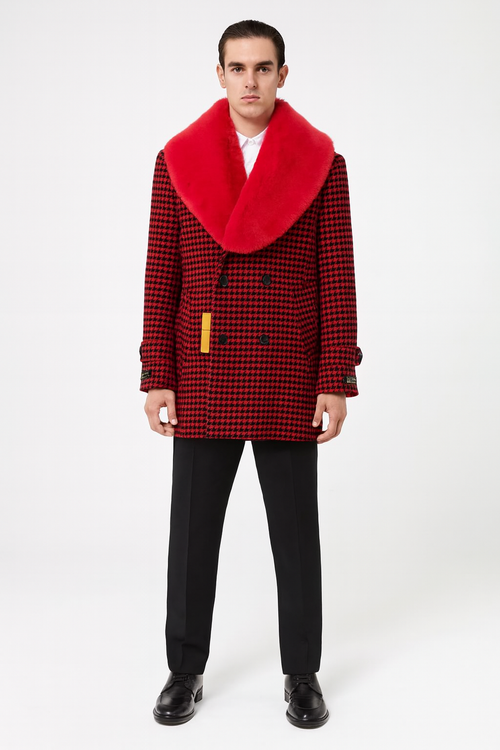 Mens Red and Black Houndstooth Overcoat with Faux Fur Shawl Collar Luxury Double-Breasted Winter Coat