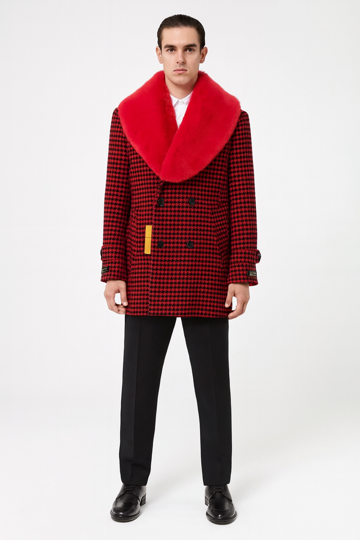 Mens Red and Black Houndstooth Overcoat with Faux Fur Shawl Collar Luxury Double-Breasted Winter Coat