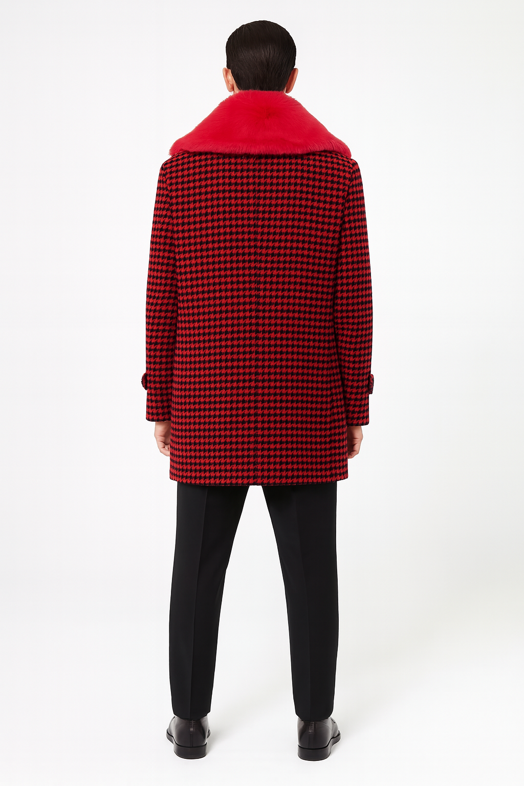 Men’s Red and Black Houndstooth Overcoat with Faux Fur Shawl Collar – Luxury Double-Breasted Winter Coat - Coat Size 38