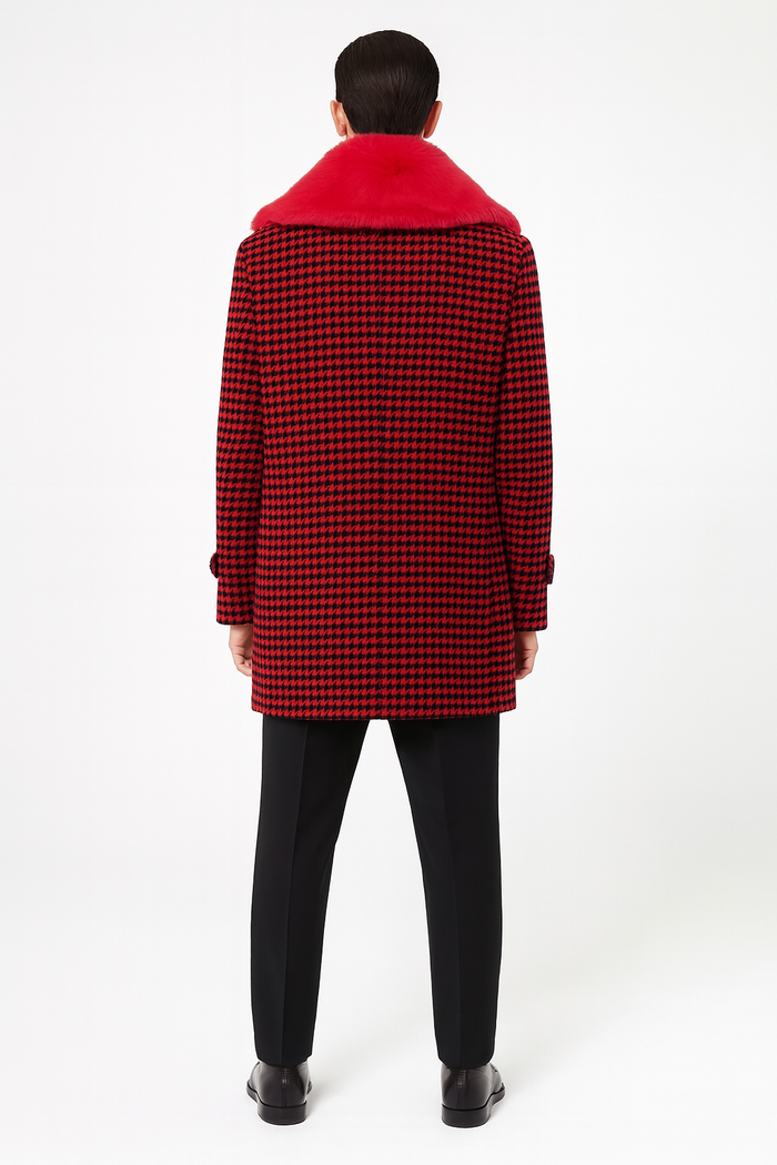 Mens Red and Black Houndstooth Overcoat with Faux Fur Shawl Collar Luxury Double-Breasted Winter Coat