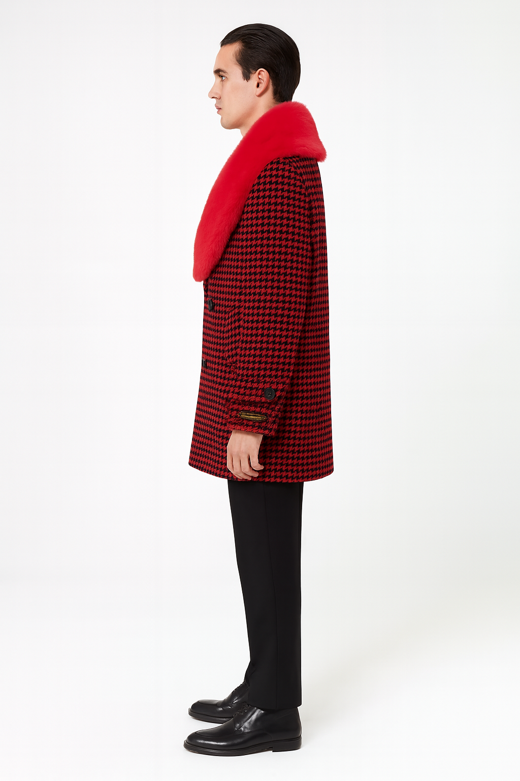 Men’s Red and Black Houndstooth Overcoat with Faux Fur Shawl Collar – Luxury Double-Breasted Winter Coat - Coat Size 38