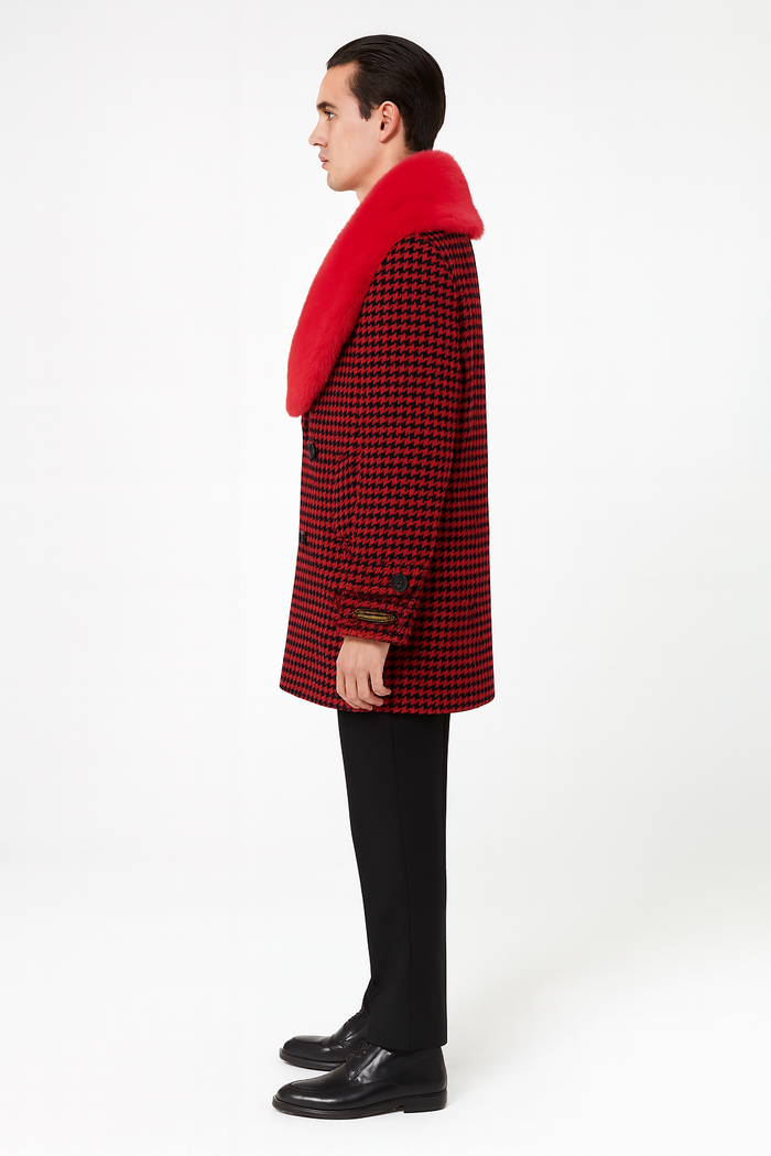 Mens Red and Black Houndstooth Overcoat with Faux Fur Shawl Collar Luxury Double-Breasted Winter Coat