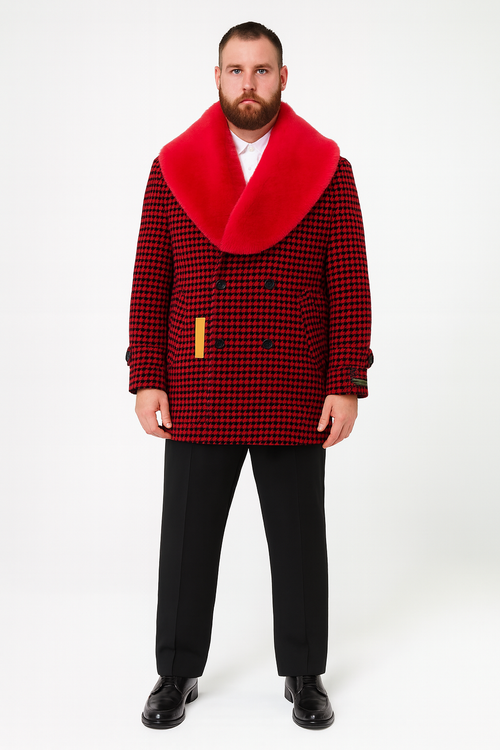 Mens Red and Black Houndstooth Overcoat with Faux Fur Shawl Collar Luxury Double-Breasted Winter Coat