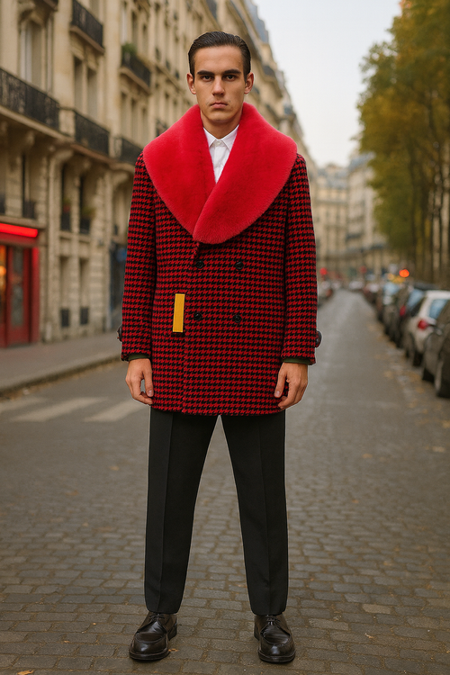 Mens Red and Black Houndstooth Overcoat with Faux Fur Shawl Collar Luxury Double-Breasted Winter Coat
