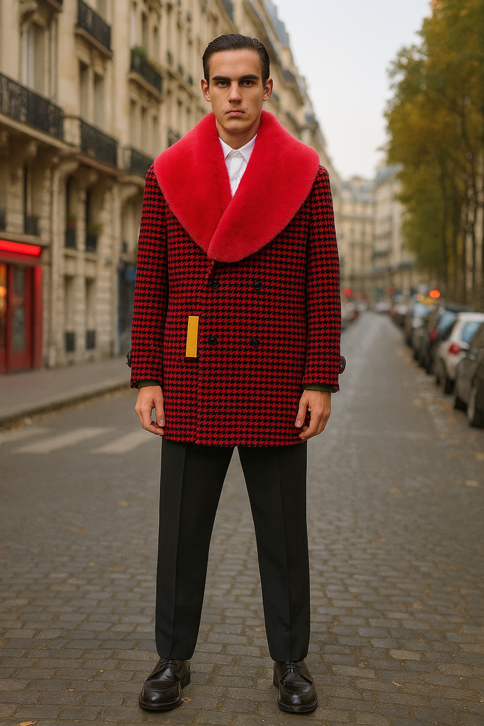 Mens Red and Black Houndstooth Overcoat with Faux Fur Shawl Collar Luxury Double-Breasted Winter Coat