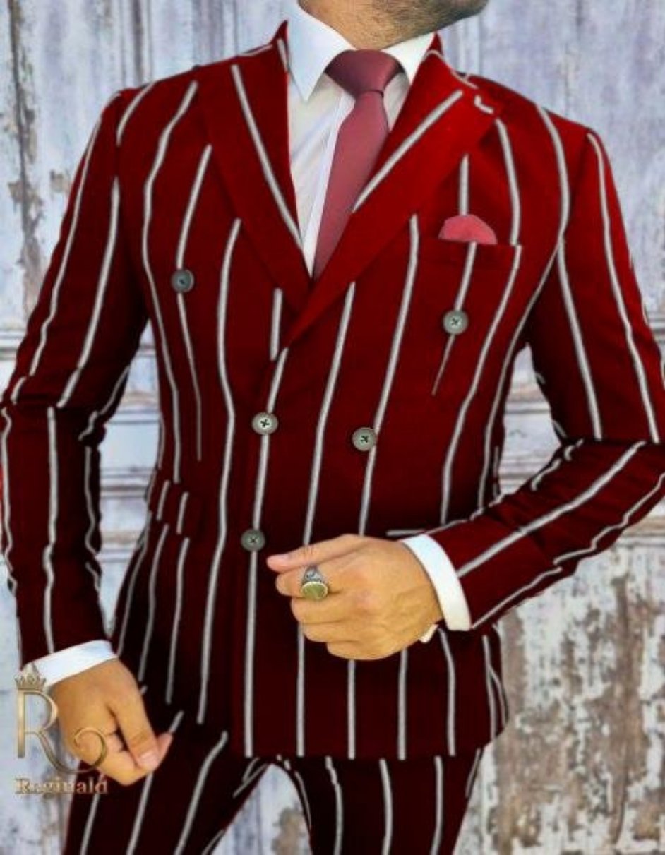 Burgundy Pinstripe Suit - Mens 1920s Gangster Pinstripe Suit - Lapel Chalk Pinstripe - 38 Long + 32 Waist(Adjust 2" Large and amp 4")