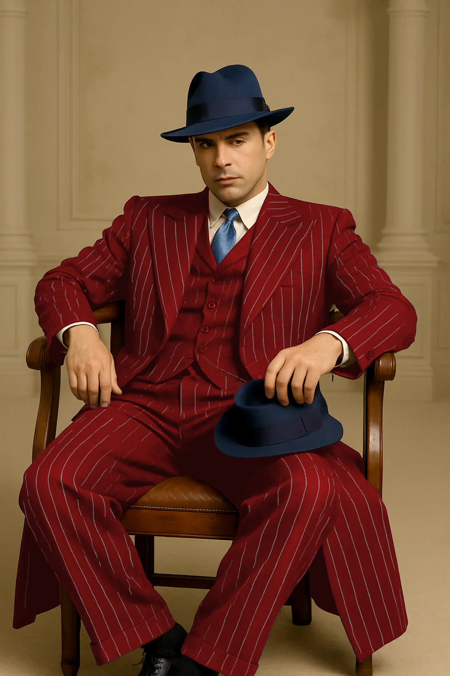 Mens Red Pinstripe Suit – Classic Long Coat Style with White Stripes - 34 Short or Extra Small