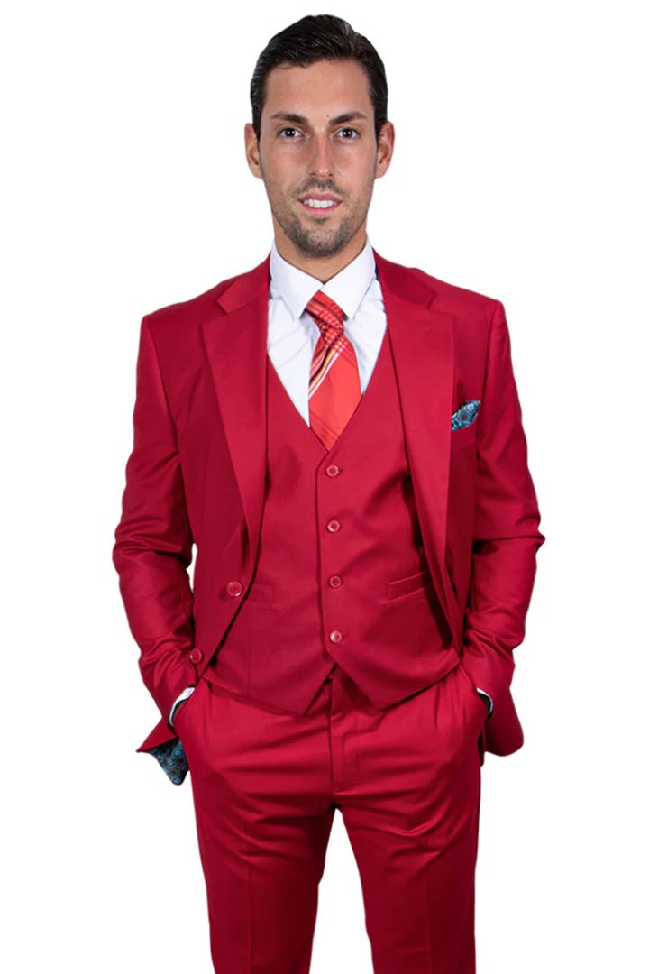 Cheap priced Suit - Men's Two Button Vested Stacy Adams Basic Red Suit - 38 Short Jacket+32 Waist Adjustable 28to34)(Height: 5 4 to5 7 )(Neck  15-16.5)S-M)