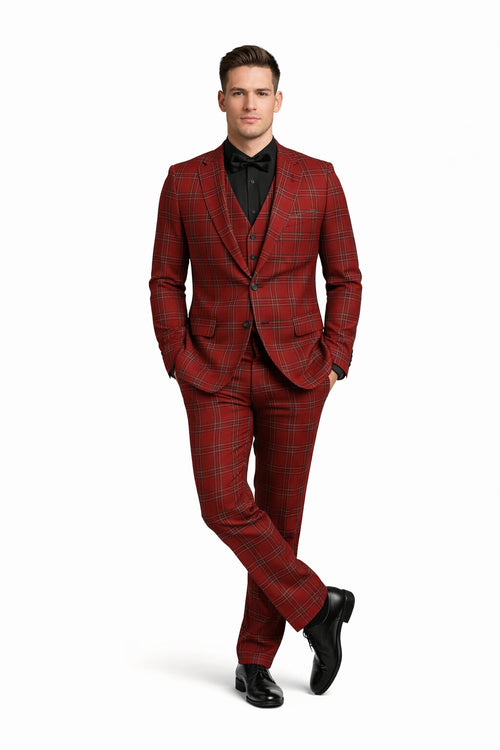 Mens Burgundy Plaid Three-Piece Suit Ultra Slim Fit Checkered Windowpane Redish 544-10