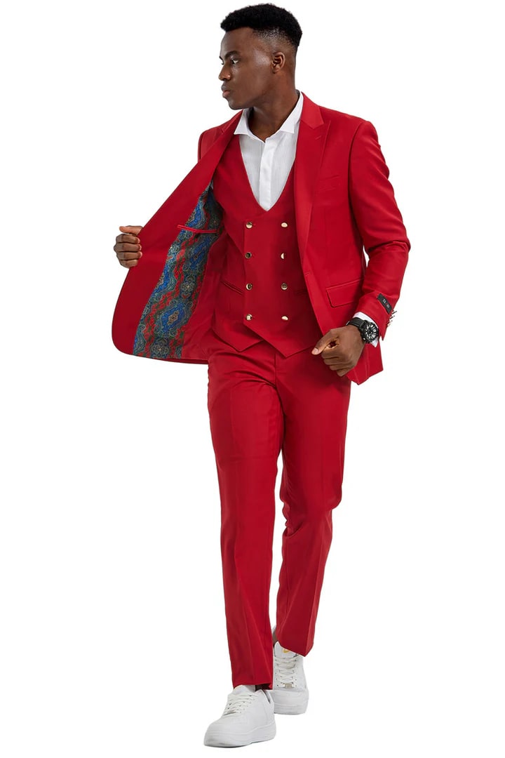 Cheap Suit - Men's One Button Peak Lapel Vested Red Suit With Gold Buttons