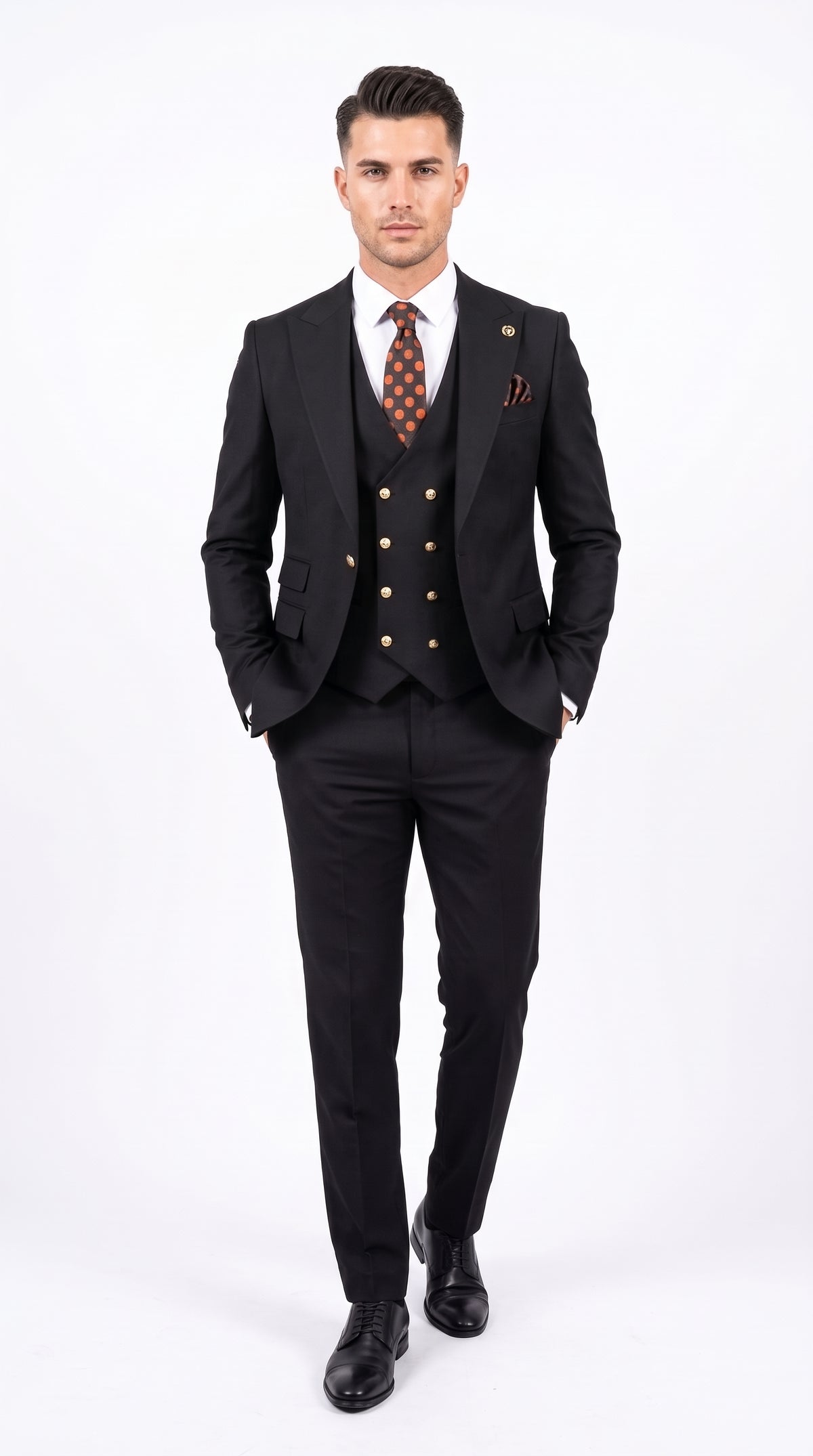 Men’s Black Double Breasted Vested Suit, 1920s 1980s Style Peak Lapel Wool Feel Designer Suit with Gold Buttons