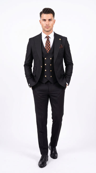 Men’s Black Double Breasted Vested Suit, 1920s 1980s Style Peak Lapel Wool Feel Designer Suit with Gold Buttons