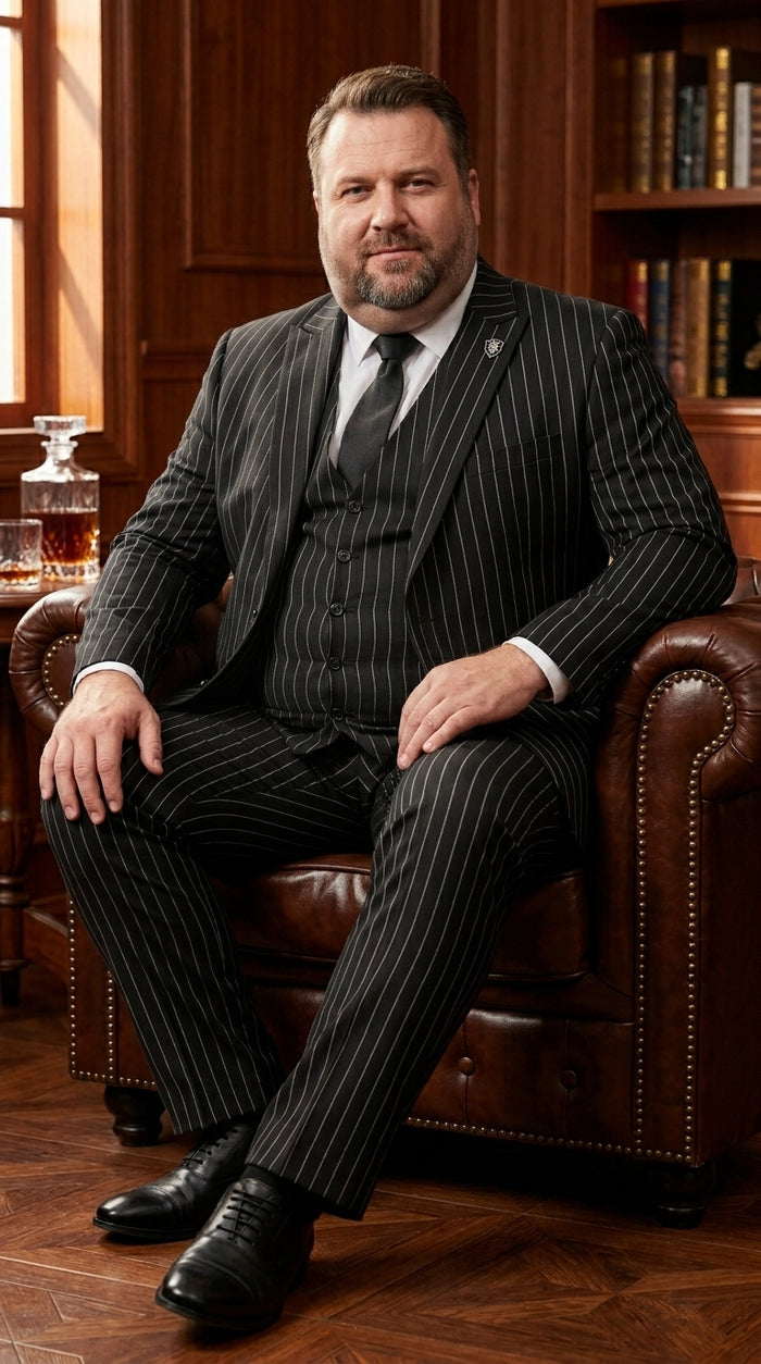 Men’s Black 2 Button Gangster Pinstripe Suit, Striped Pattern Homecoming 3 Piece Dress Suit