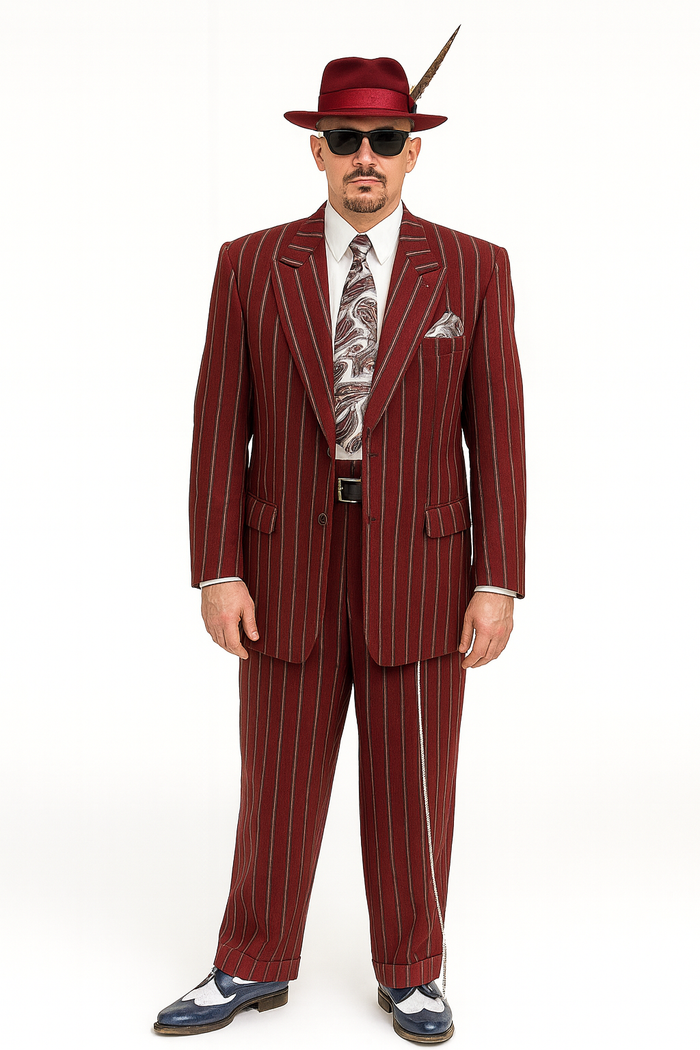 Burgundy Pinstripe Zoot Suit 3 Piece 1920s/1930s Gangster Outfit (Jacket and Pants and Vest)  Vintage Fashion