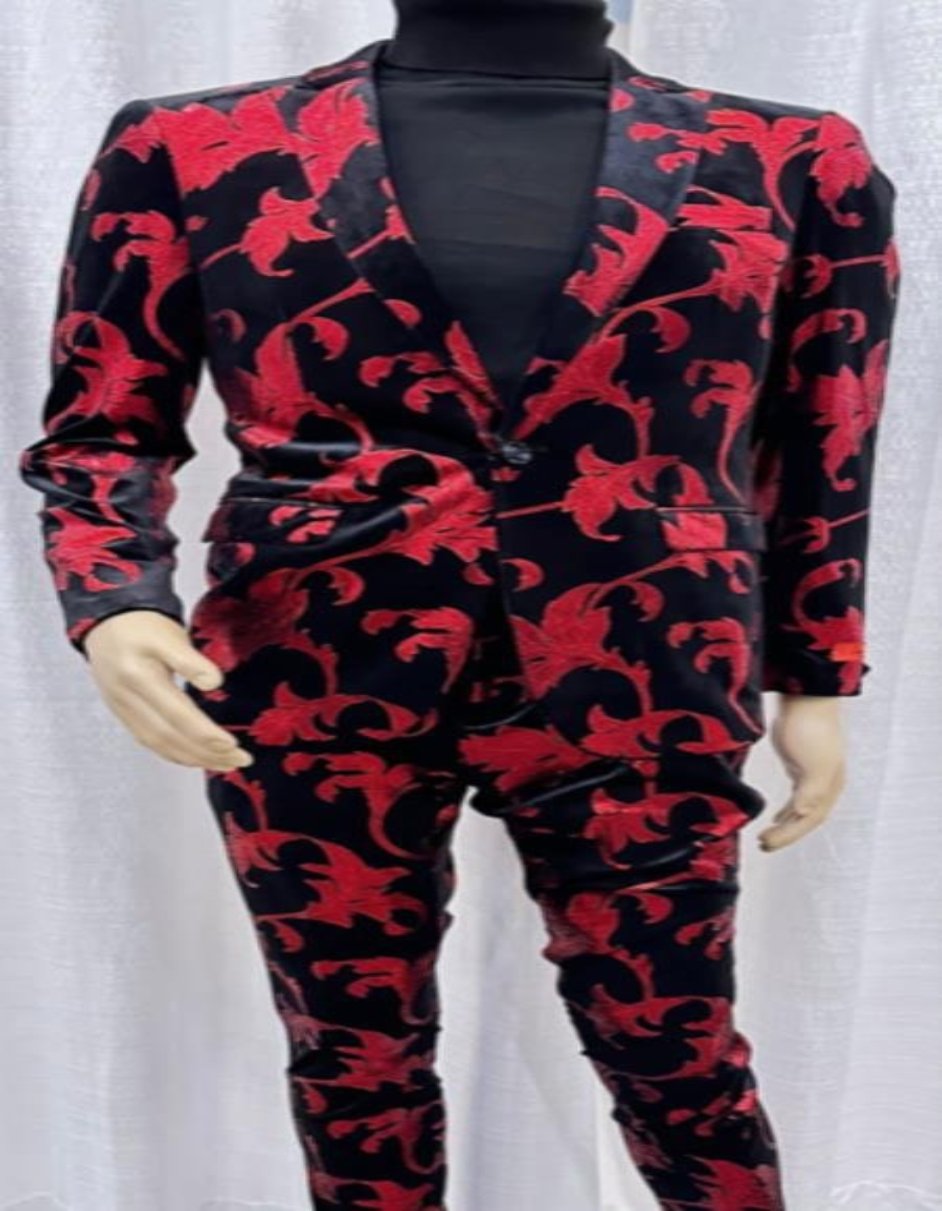 Mens Paisley Suit - Black and Red Floral Suit - Prom Party Suit