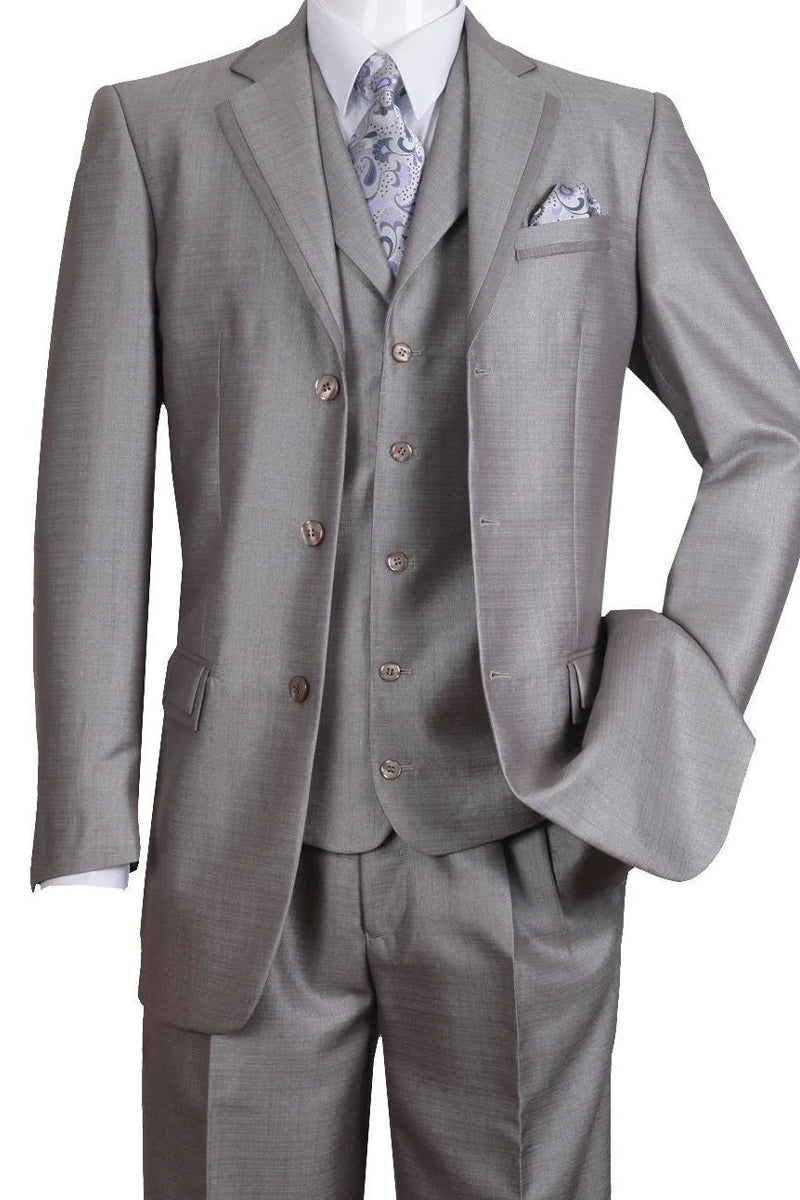 "Sharkskin Silver Grey Men's 3-Button Vested Church Suit"