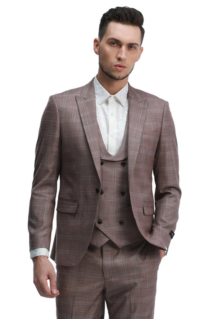 Cheap Suit - Men's One Button Slim Fit Double Breasted Vest Rose Plaid Suit