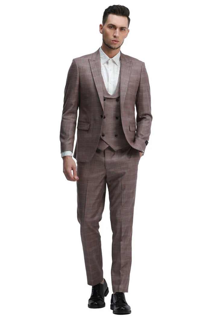 Cheap priced Suit - Men's One Button Slim Fit Double Breasted Vest Rose Plaid Suit