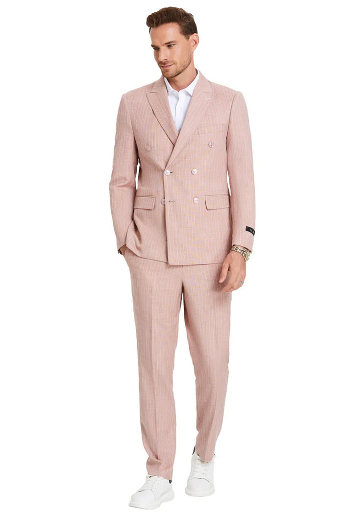Cheap priced Suit - Men's Slim Fit Double Breasted Summer Pastel Suit Rose Pink Pinstripe