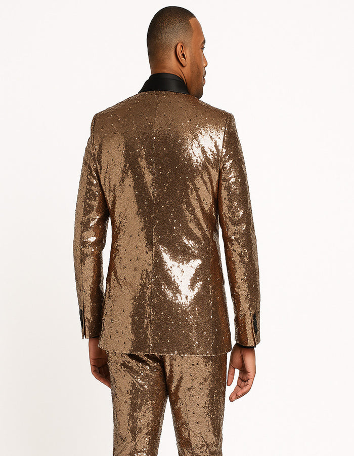Men's Rose Gold Sequin Tuxedo Suit with Black Satin Lapel â€“ Luxury Slim Fit Blazer for Parties and Events