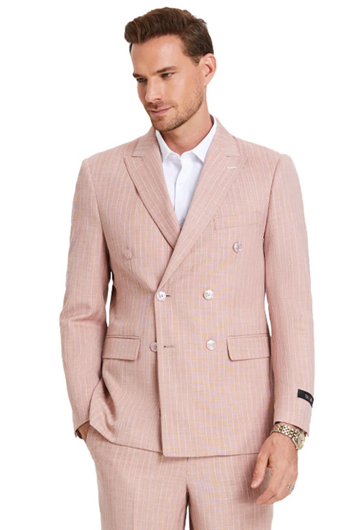 Cheap Suit - Men's Slim Fit Double Breasted Summer Pastel Suit Rose Pink Pinstripe