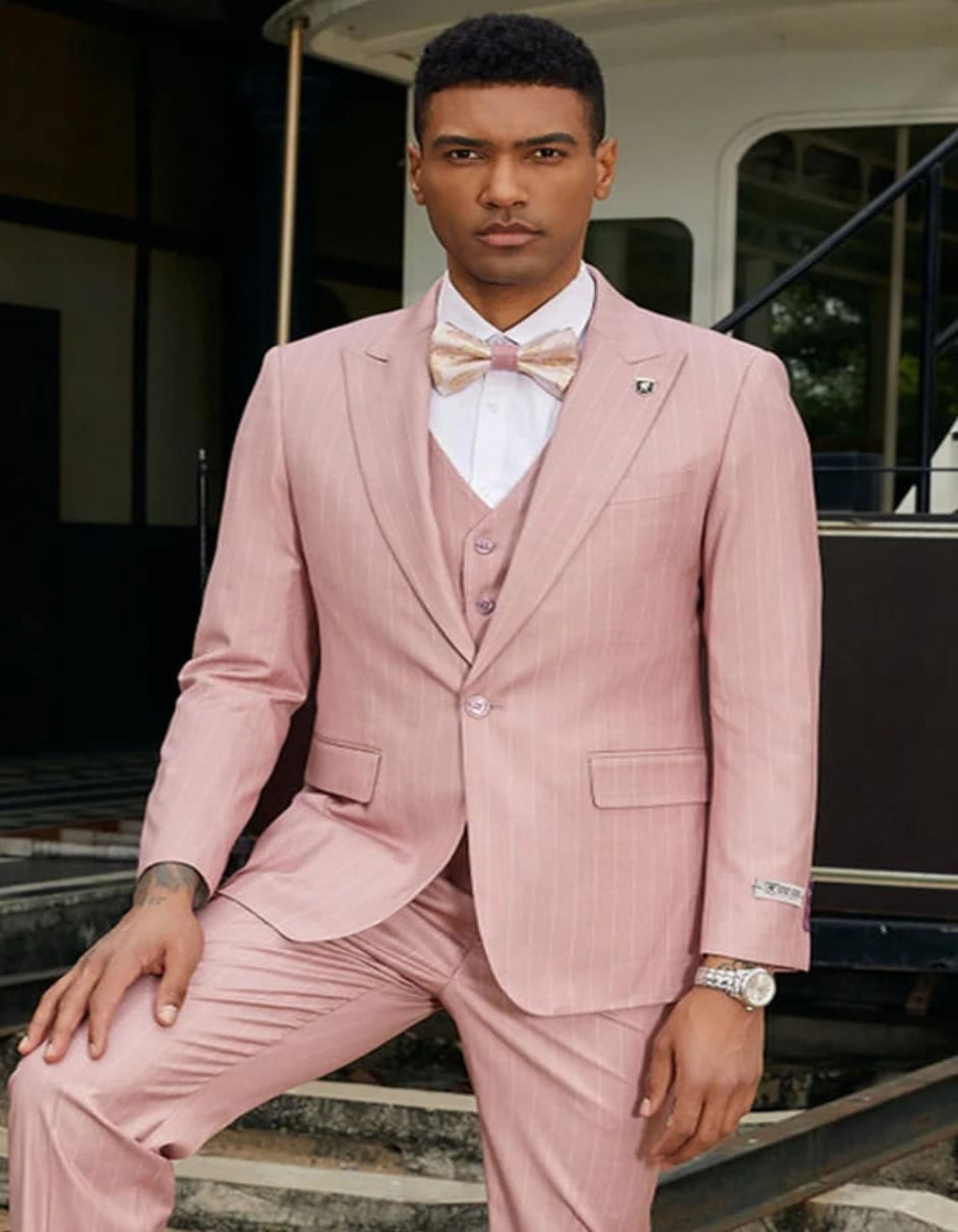 Men's Stacy Adams One Button Vested Modern Pinstripe Rose Pink Suit - 38 Short Jacket+32 Waist Adjustable 28to34)(Height: 5 4 to5 7 )(Neck  15-16.5)S-M)