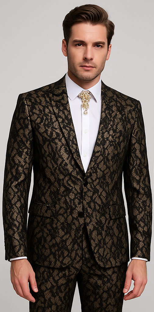 Rossi Man LEO RM1901 â€“ Gold & Black Designer Tuxedo for Men | Slim Fit - XS