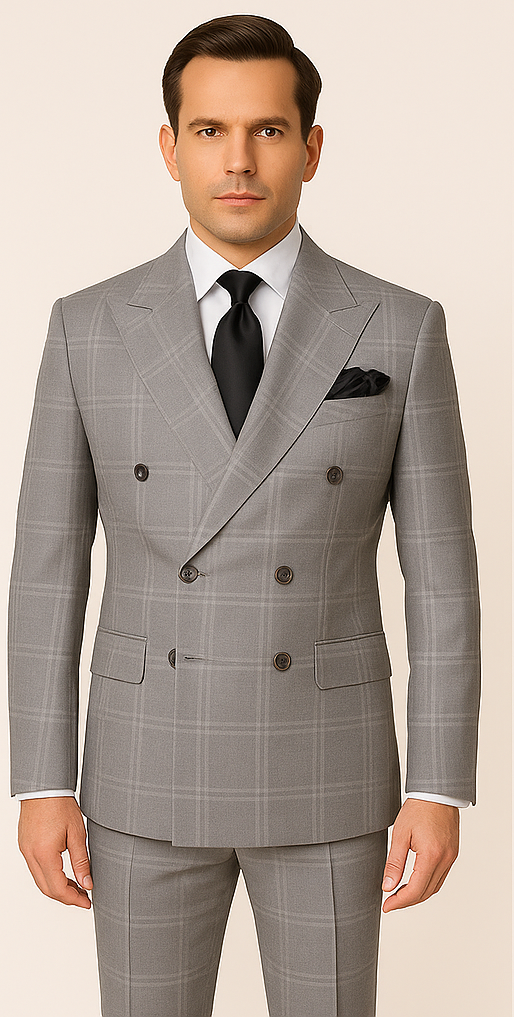 Mens Grey Double Breasted Windowpane Jacket with Flat Front Pants RM1796 - 34R