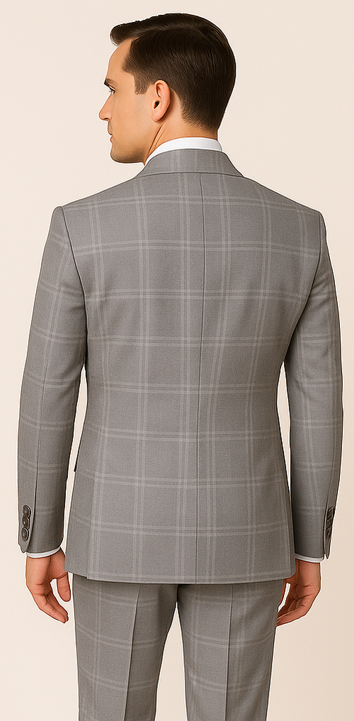 Mens Grey Double Breasted Windowpane Jacket with Flat Front Pants RM1796