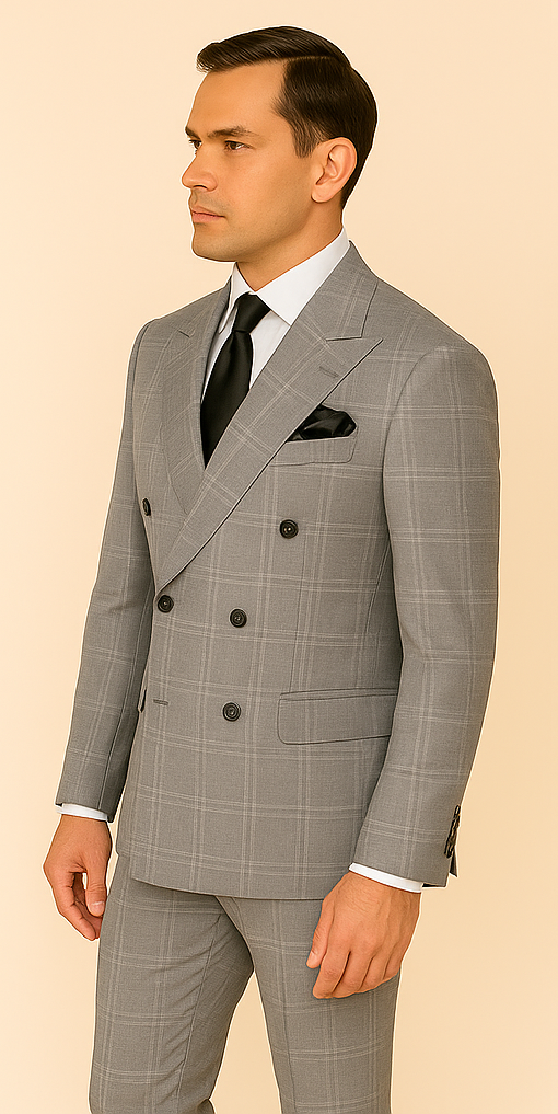 Mens Grey Double Breasted Windowpane Jacket with Flat Front Pants RM1796 - 34R