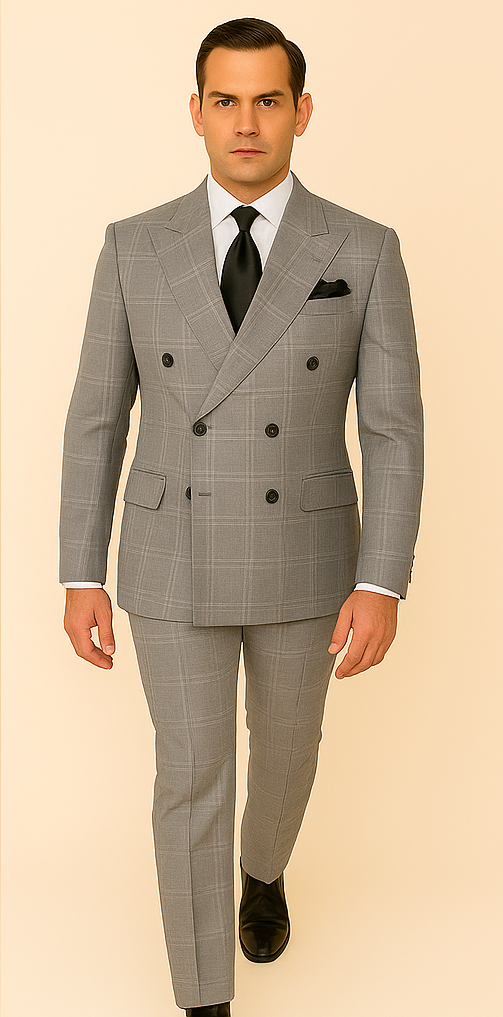 Mens Grey Double Breasted Windowpane Jacket with Flat Front Pants RM1796 - 34R