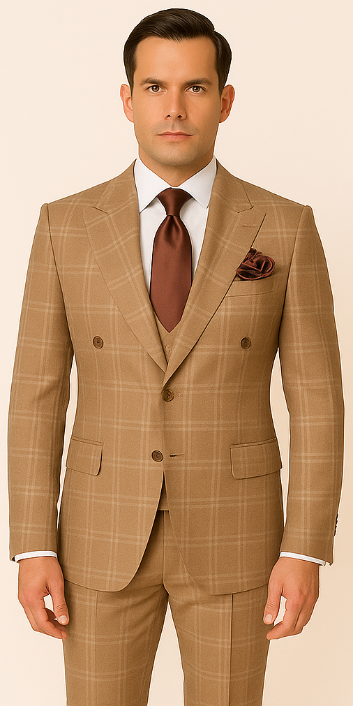 Tan Windowpane Double Breasted Jacket with Modern Flat Front Pants RM1797 - 34R