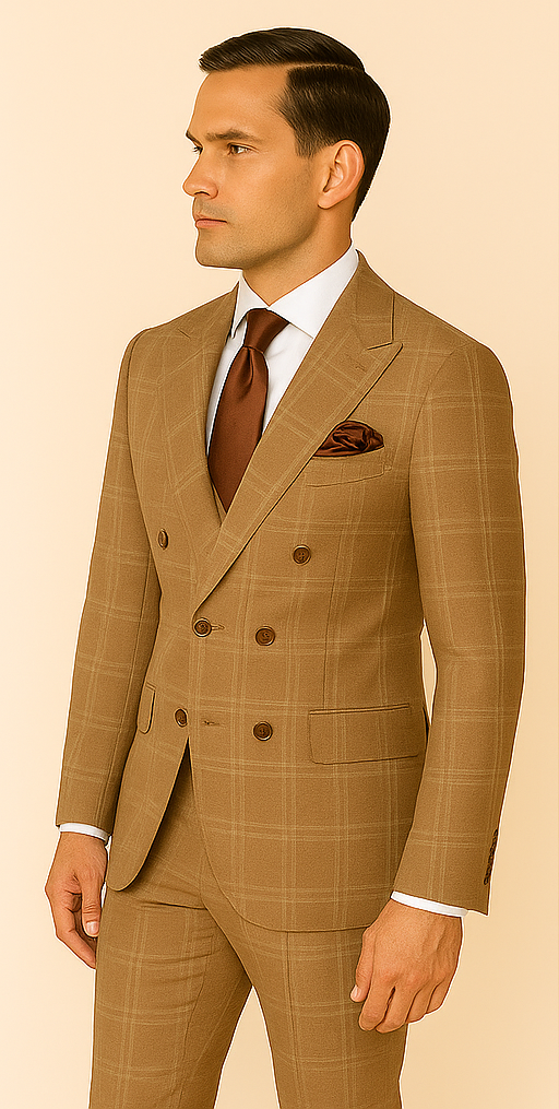 Tan Windowpane Double Breasted Jacket with Modern Flat Front Pants RM1797 - 34R