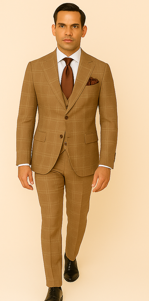 Tan Windowpane Double Breasted Jacket with Modern Flat Front Pants RM1797 - 34R