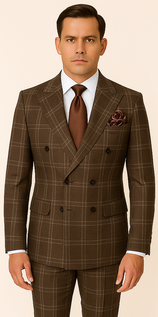 Brown Windowpane Double Breasted Jacket and Modern Flat Front Pants RM1798