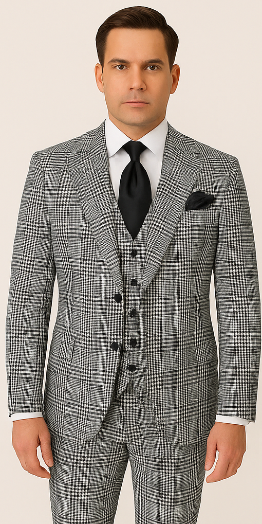 Menâ€™s Black and White Plaid Super 150â€™s Wool Suit Pleated Pants Wide Lapel Jacket - 38R