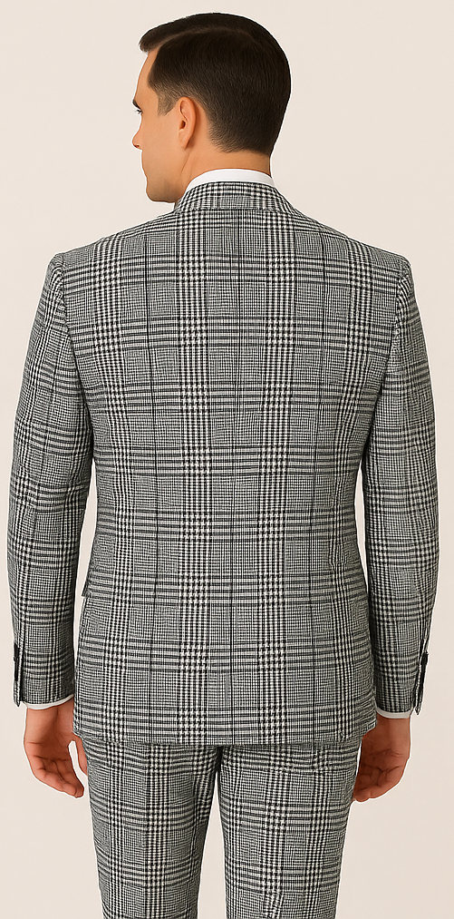 Menâ€™s Black and White Plaid Super 150â€™s Wool Suit Pleated Pants Wide Lapel Jacket - 38R