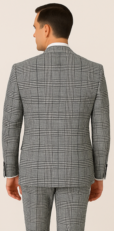 Mens Black and White Plaid Super 150s Wool Suit Pleated Pants Wide Lapel Jacket